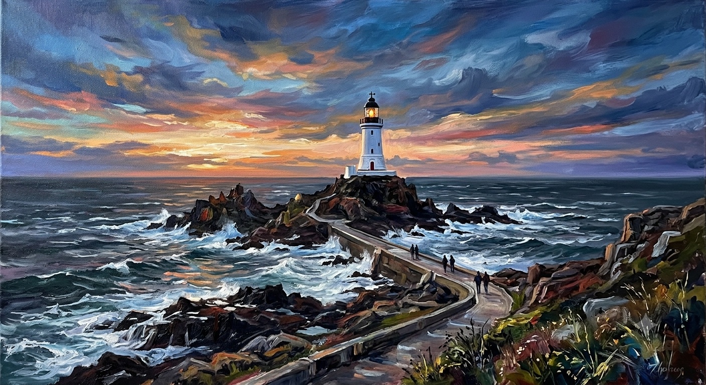 Oil painting of La Corbière lighthouse, Jersey, at sunset, with the causeway leading out to the lighthouse on its rocks
